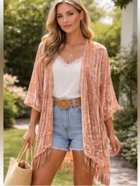 Boho Velvet Kimono with Tassels - Blush Pink